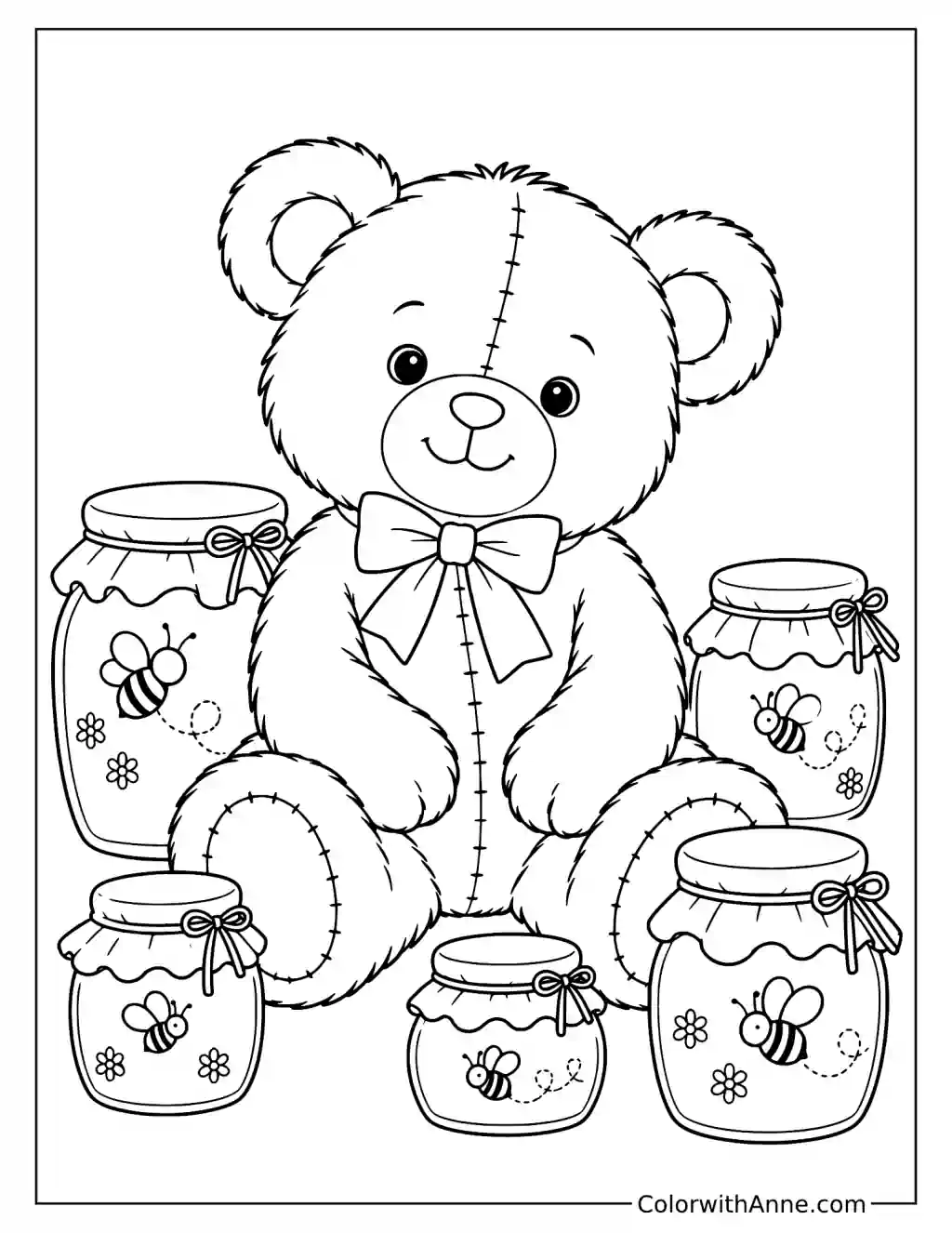 Teddy Bear Surrounded by Honey Jars Coloring Page