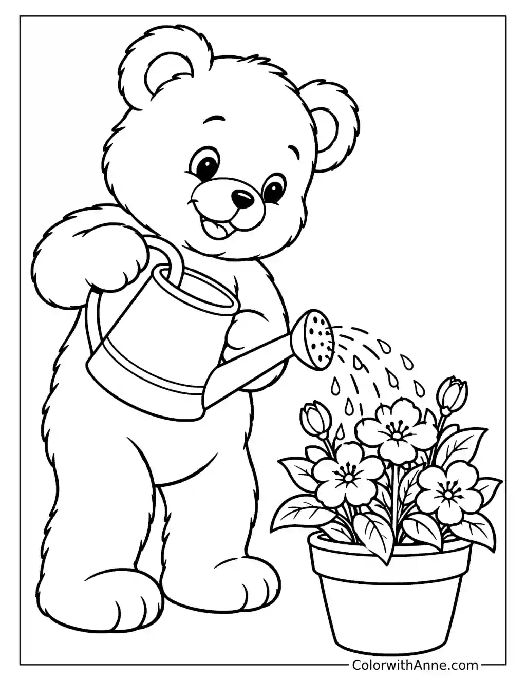 Teddy Bear Watering Flowers Spring Coloring Page