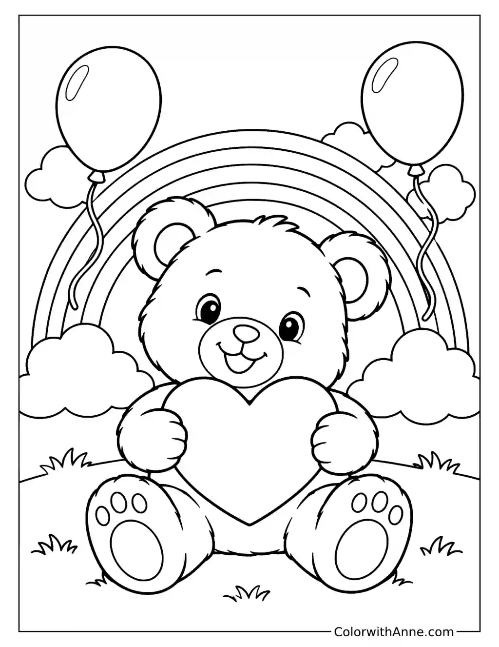 Teddy Bear with a Rainbow and Balloons Coloring Page