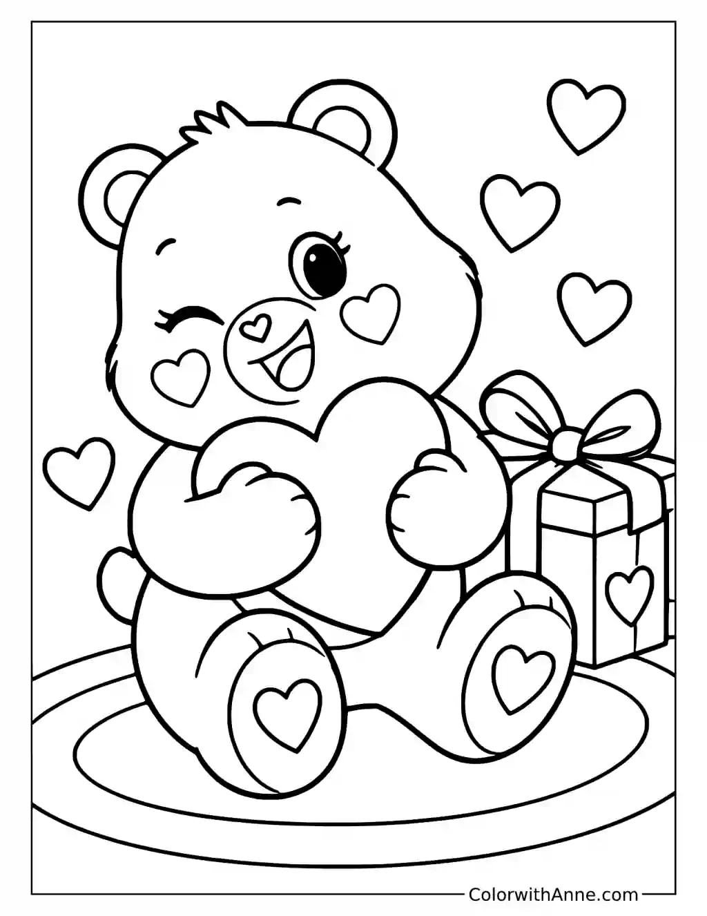 Tenderheart Bear Hugging a Heart Beside a Gift Coloring Page