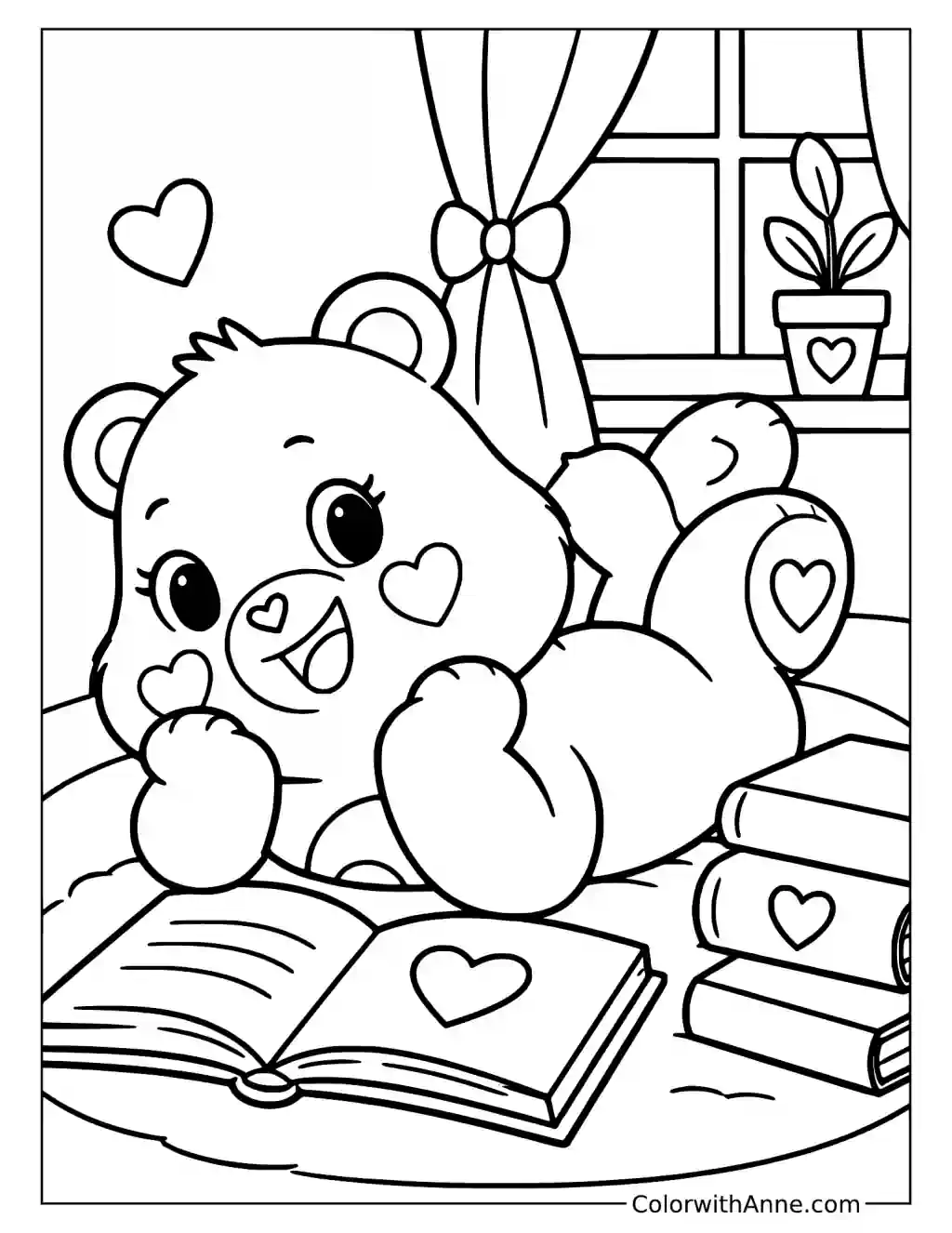 Tenderheart Bear Reading on the Floor Coloring Page