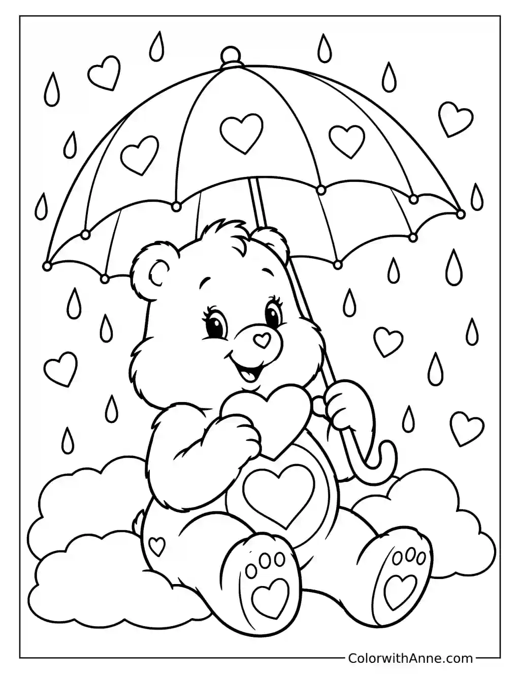 Tenderheart Bear Under an Umbrella Coloring Page
