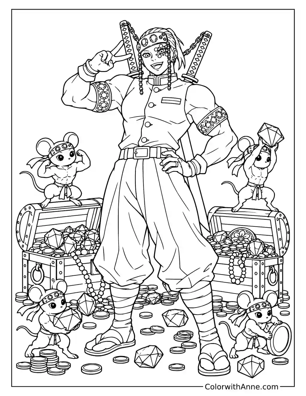 Tengen Uzui Surrounded by Treasure and Ninja Mice Coloring Page