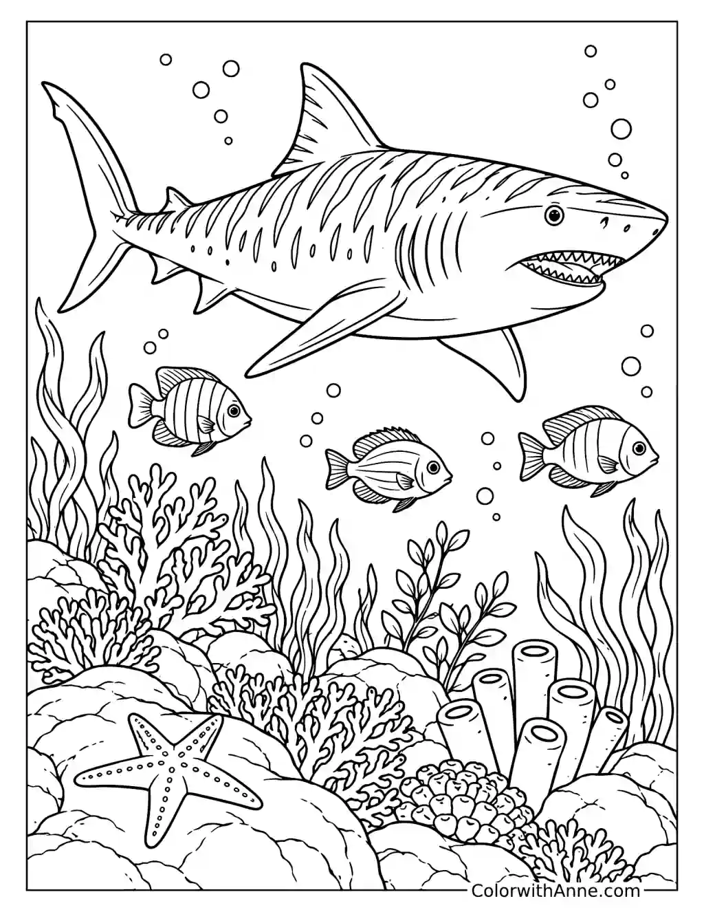 Tiger Shark Exploring a Colorful Coral Reef Coloring Page