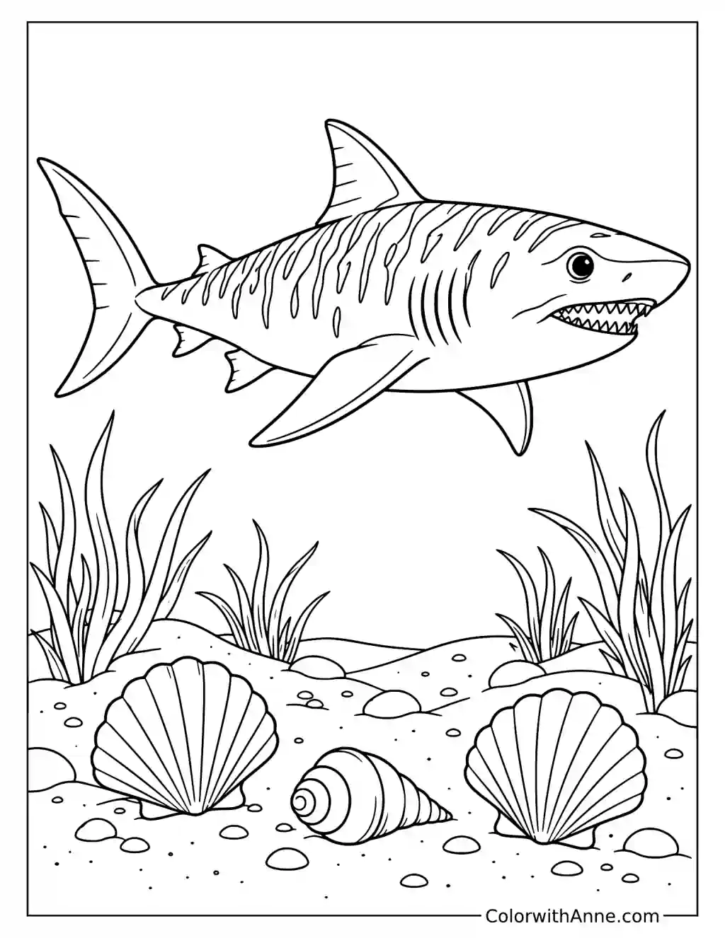 Tiger Shark Swimming Above Seashells Coloring Page