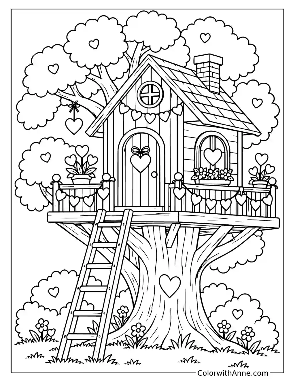 Treehouse Decorated for Valentine’s Day Coloring Page