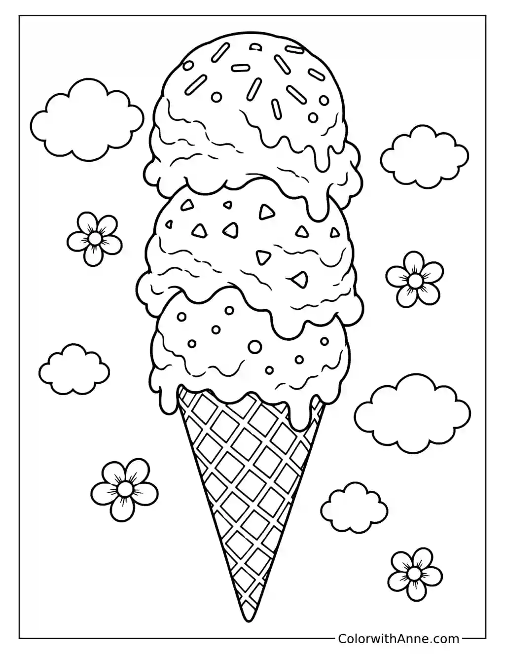 Triple-Scoop Cone in a Decorative Border Coloring Page
