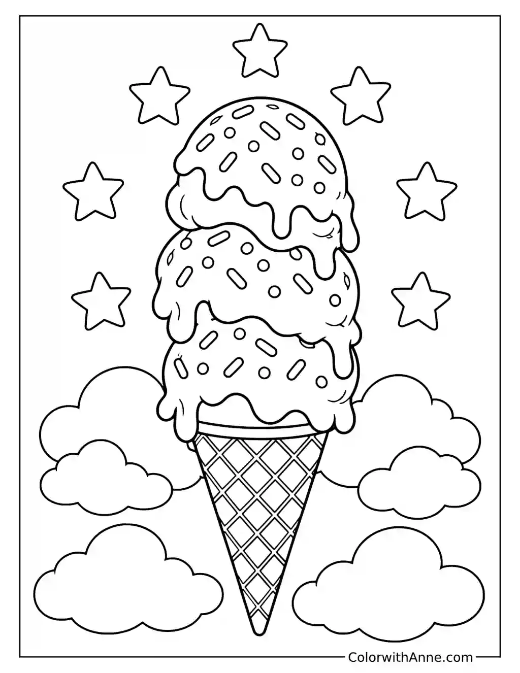 Triple-Scoop Ice Cream Cone with Sprinkles Coloring Page