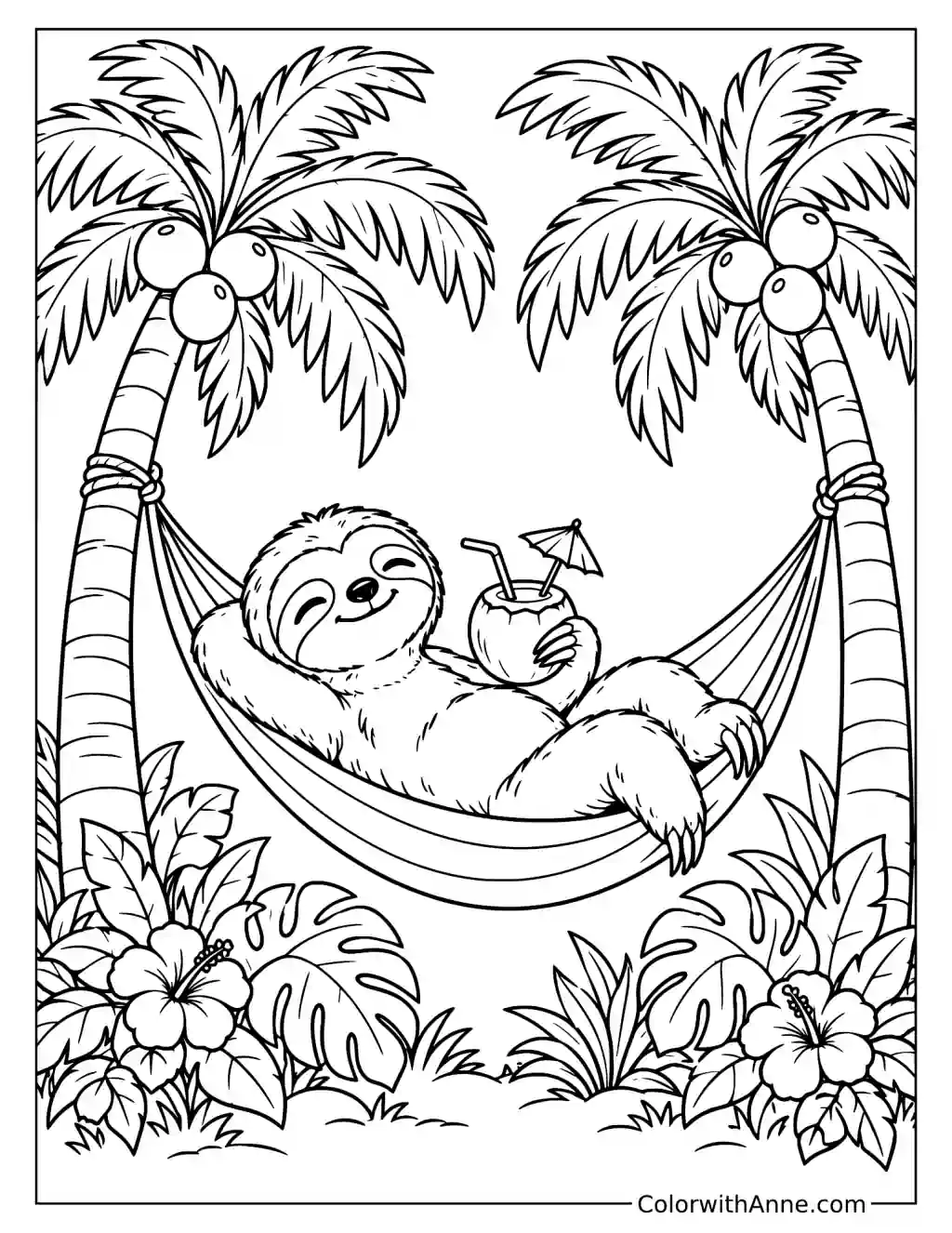 Tropical Sloth Relaxing in a Hammock Coloring Page