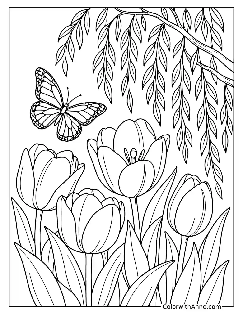 Tulips Under a Willow Branch Spring Coloring Page