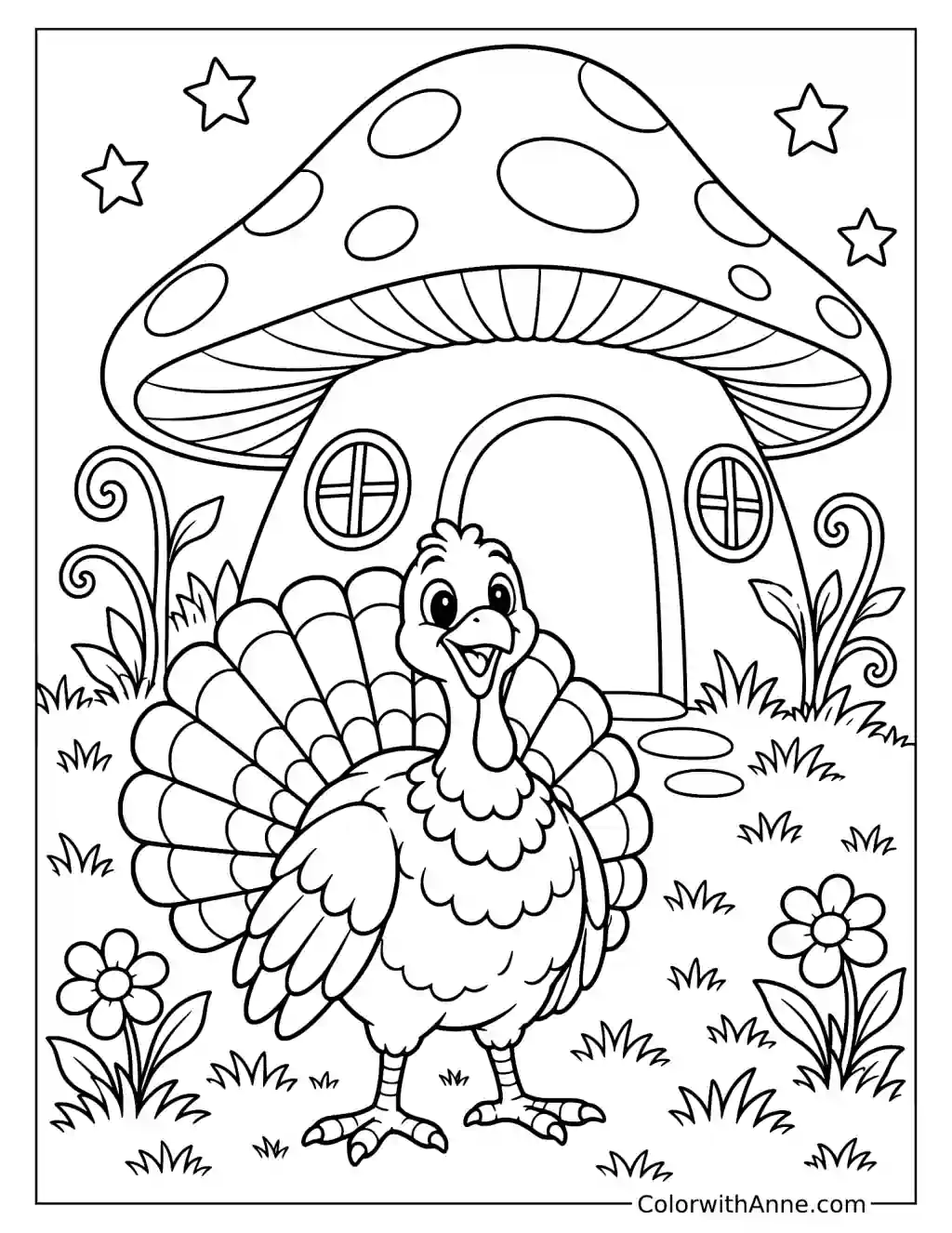Turkey and Mushroom House Coloring Page