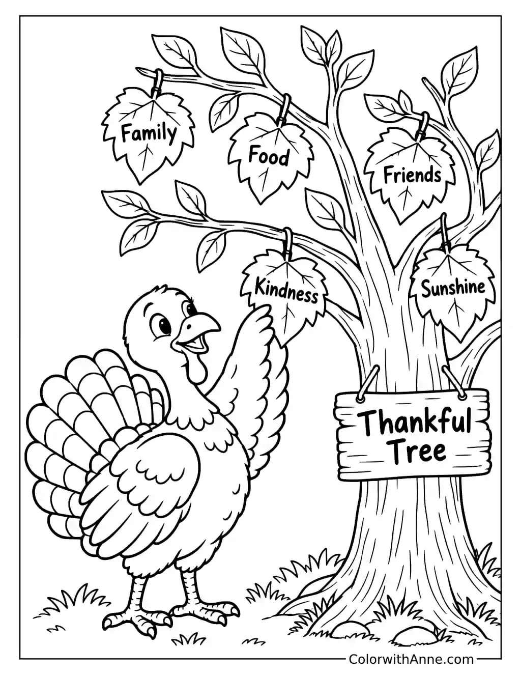 Turkey Decorating a “Thankful Tree” Coloring Page