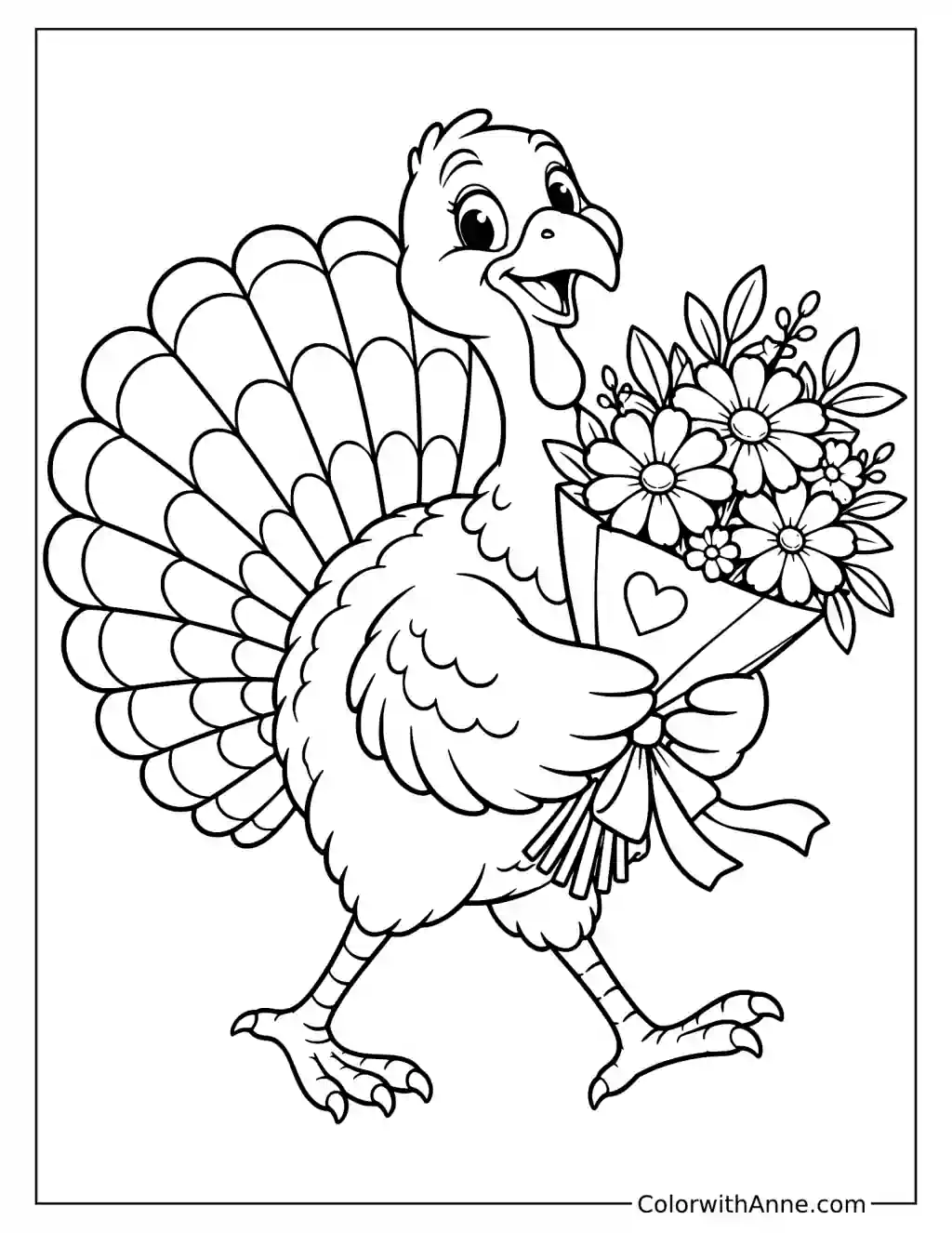 Turkey Holding a Bundle of Flowers Coloring Page