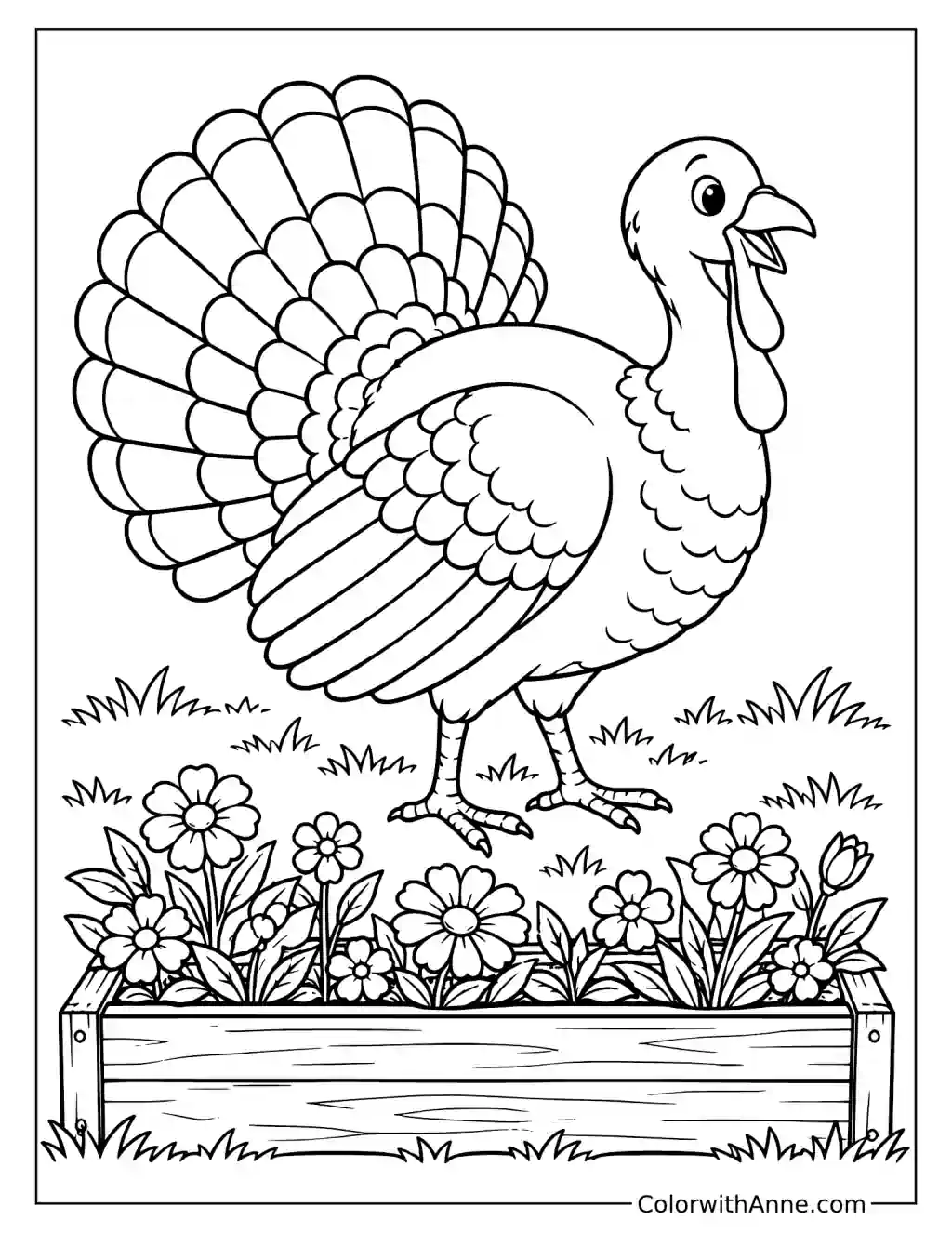 Turkey in a Field with Flowers Coloring Page