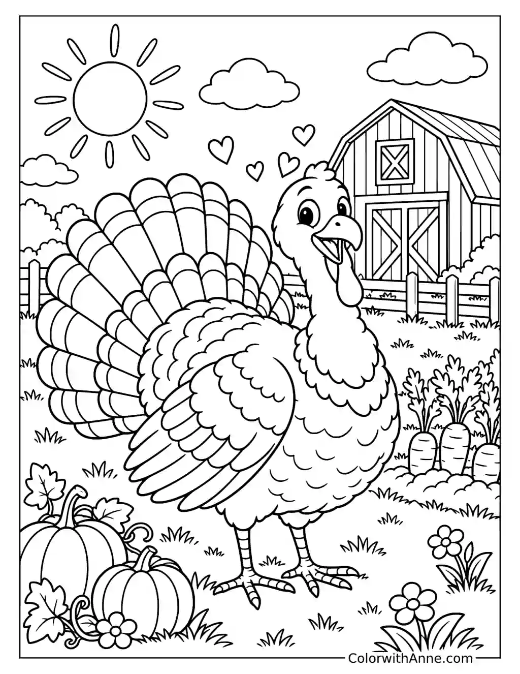 Turkey in a Sunny Farm Coloring Page