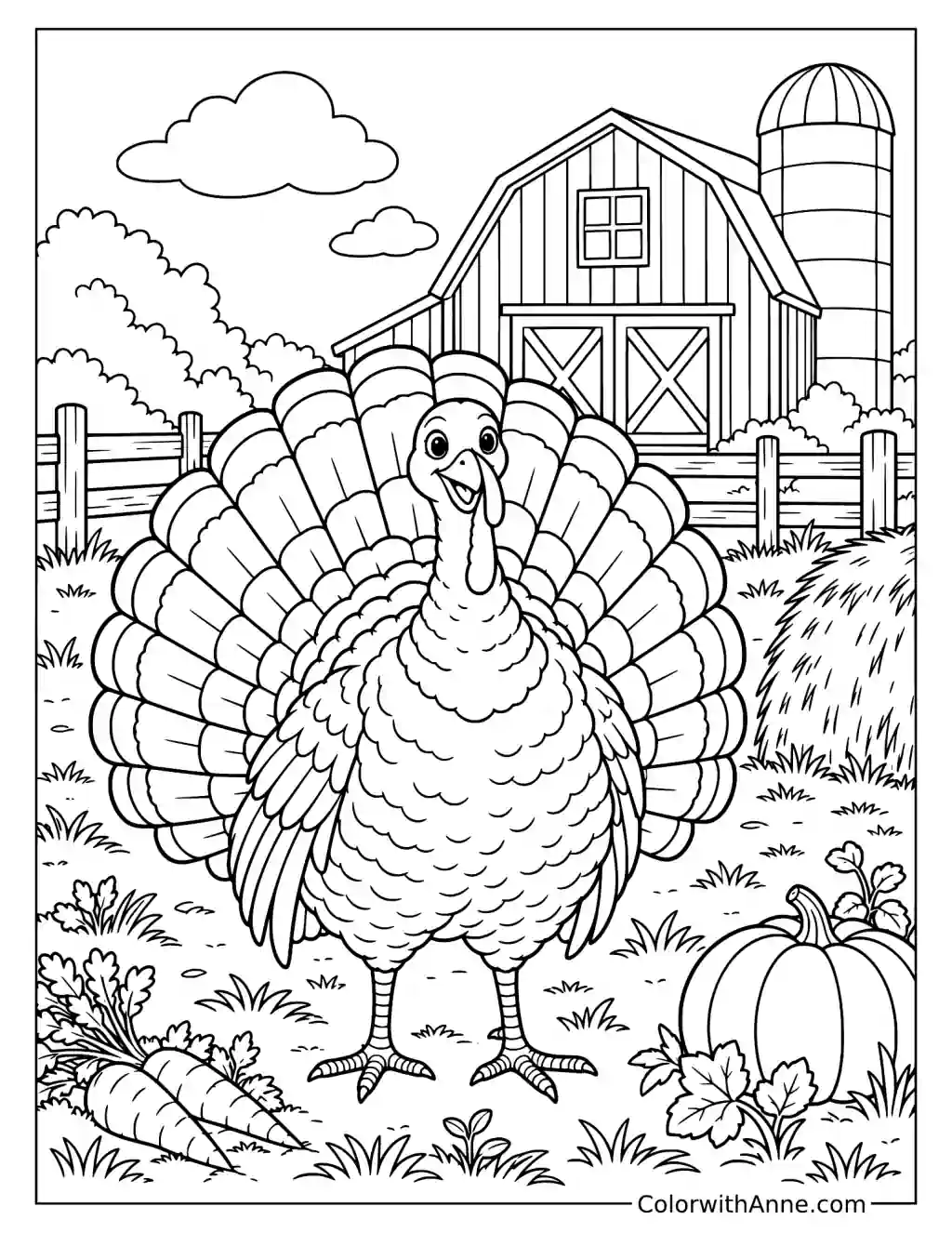 Turkey in Front of a Barn Coloring Page