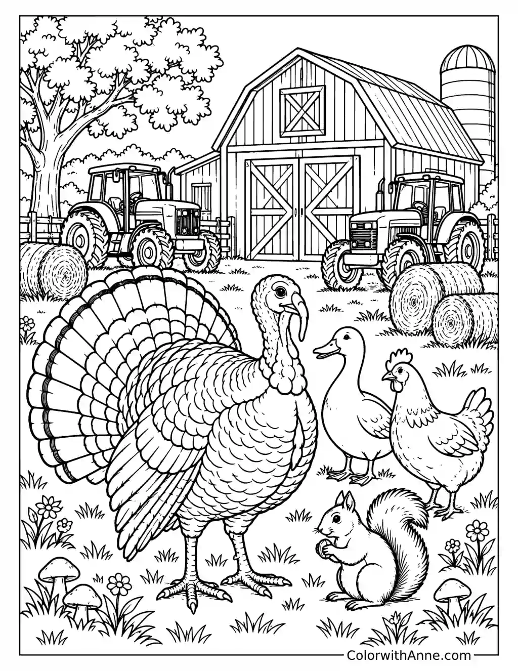 Turkey on a Farm with Barns Coloring Page