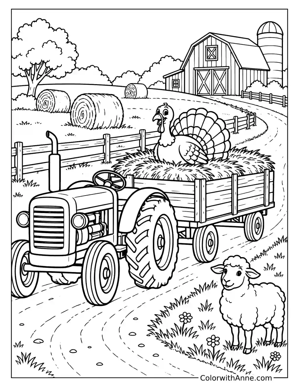 Turkey on a Hayride Wagon Coloring Page