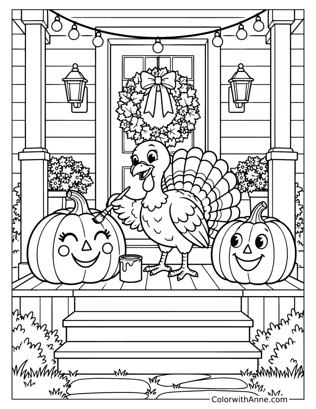 Turkey Painting Pumpkins on a Front Porch Coloring Page