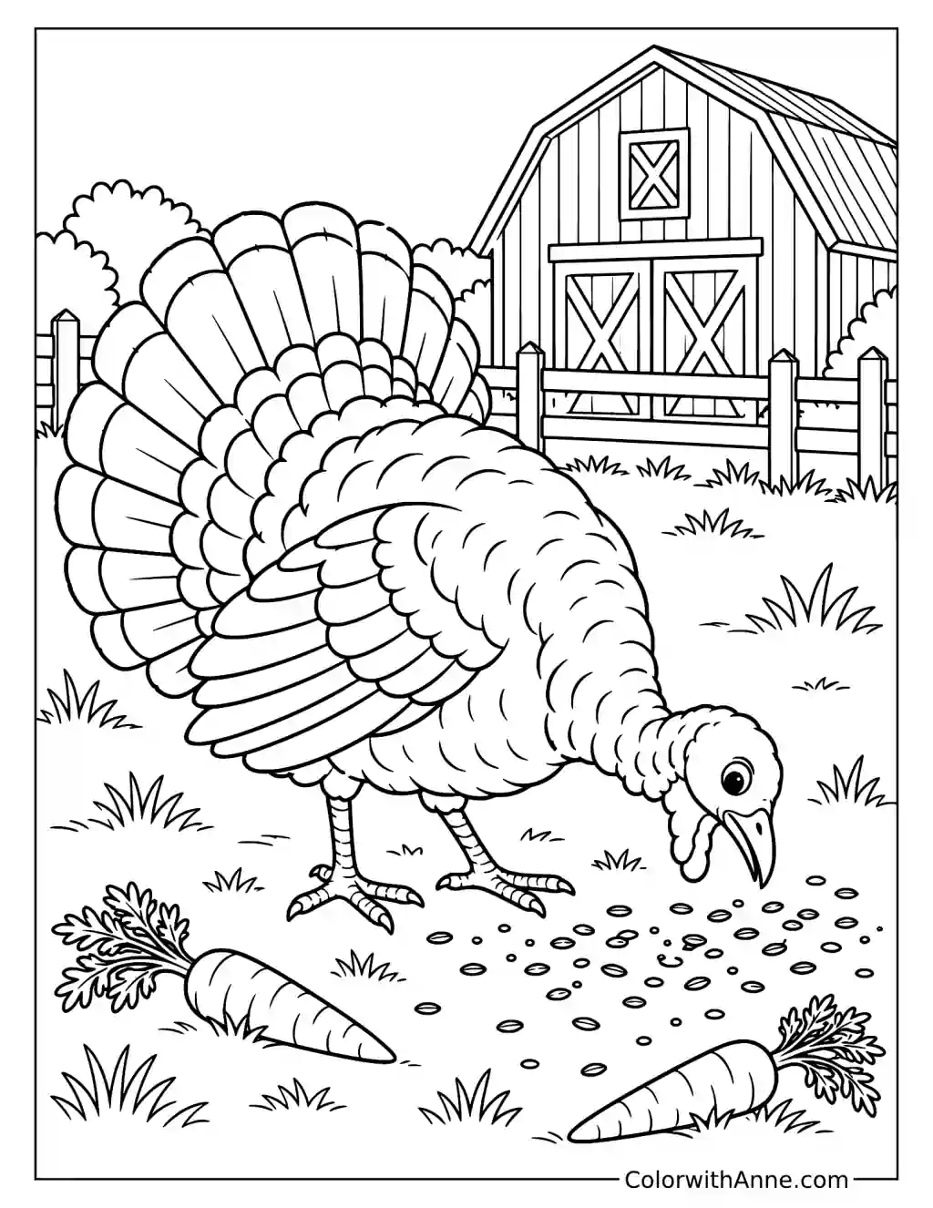Turkey Pecking Grain in a Farmyard Coloring Page
