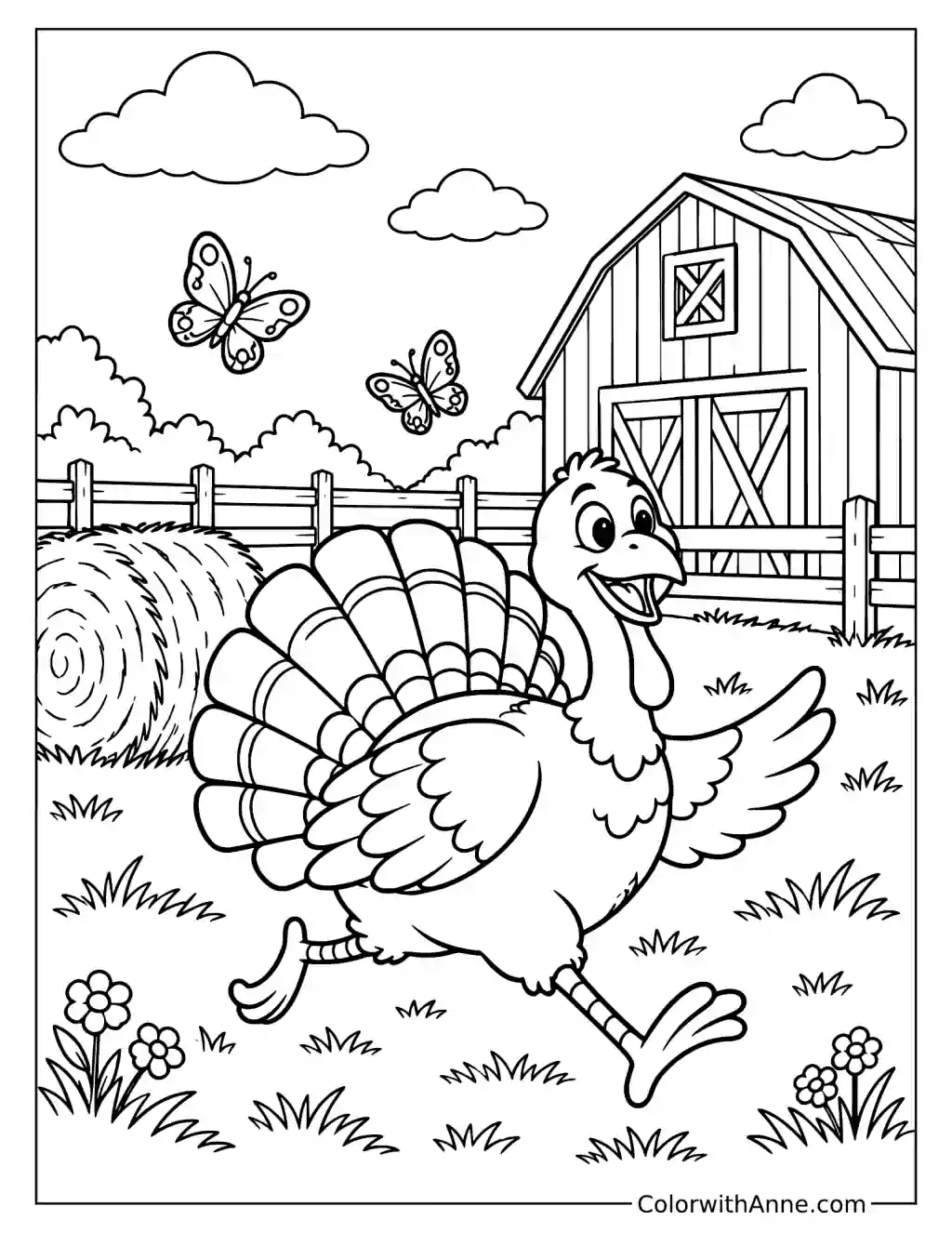 Turkey Running Past a Barn and Hay Bale Coloring Page