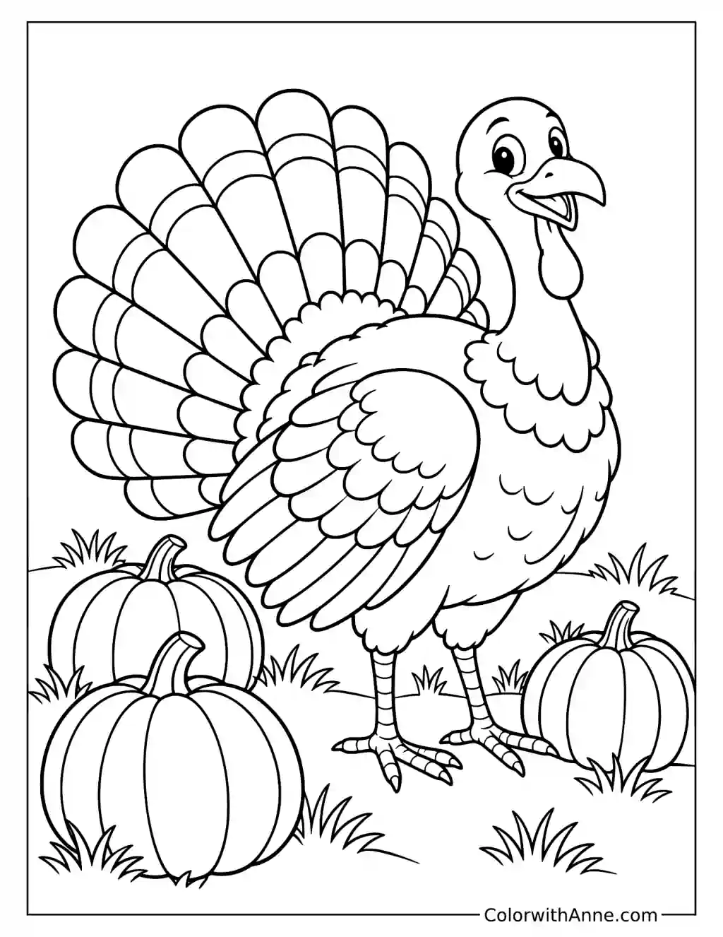 Turkey Standing in a Pumpkin Patch Coloring Page