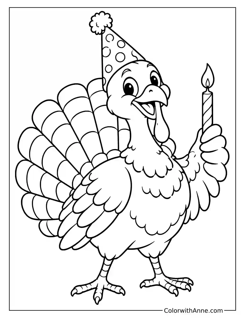 Turkey with a Party Hat Holding a Birthday Candle Coloring Page