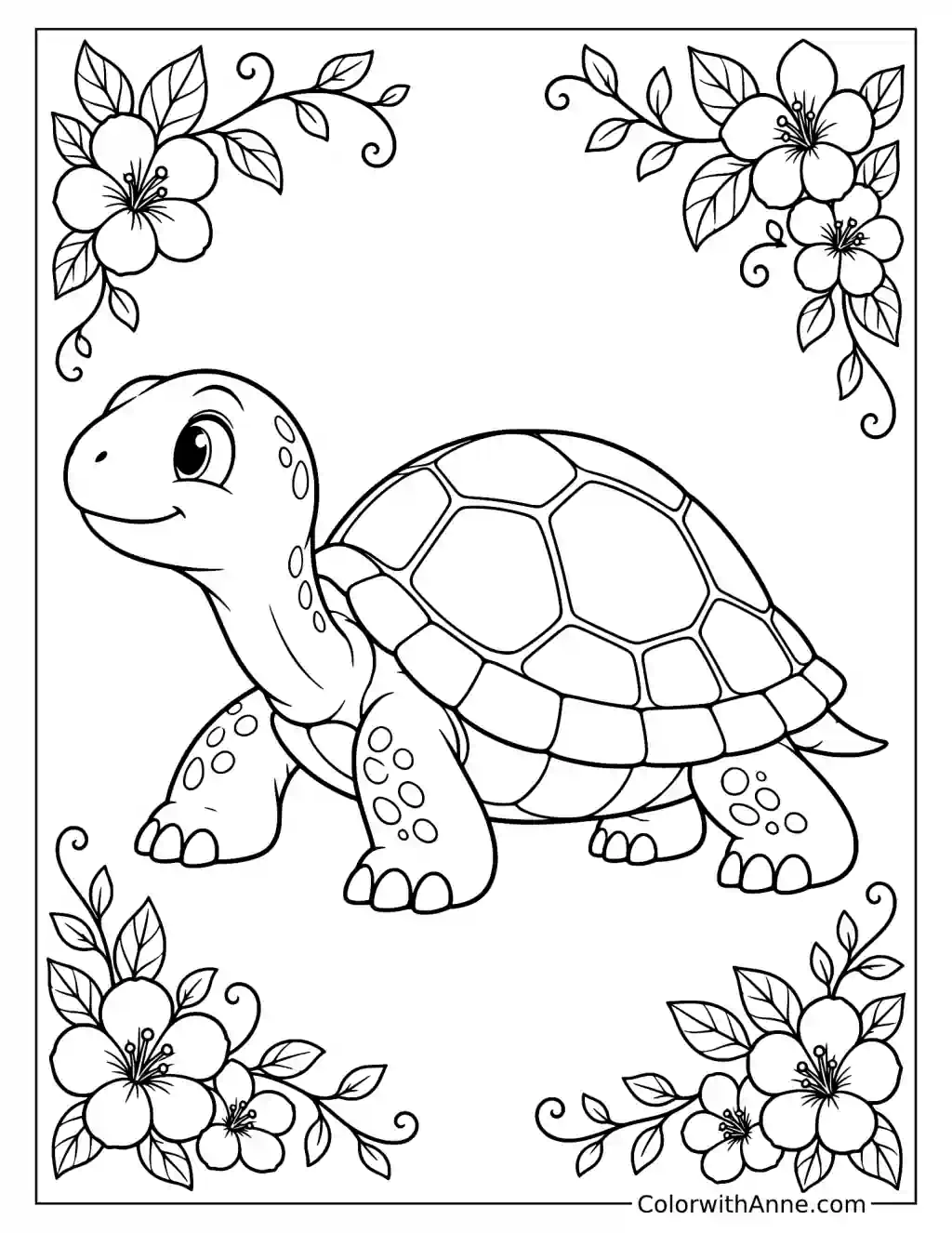 Turtle and Floral Borders Coloring Page