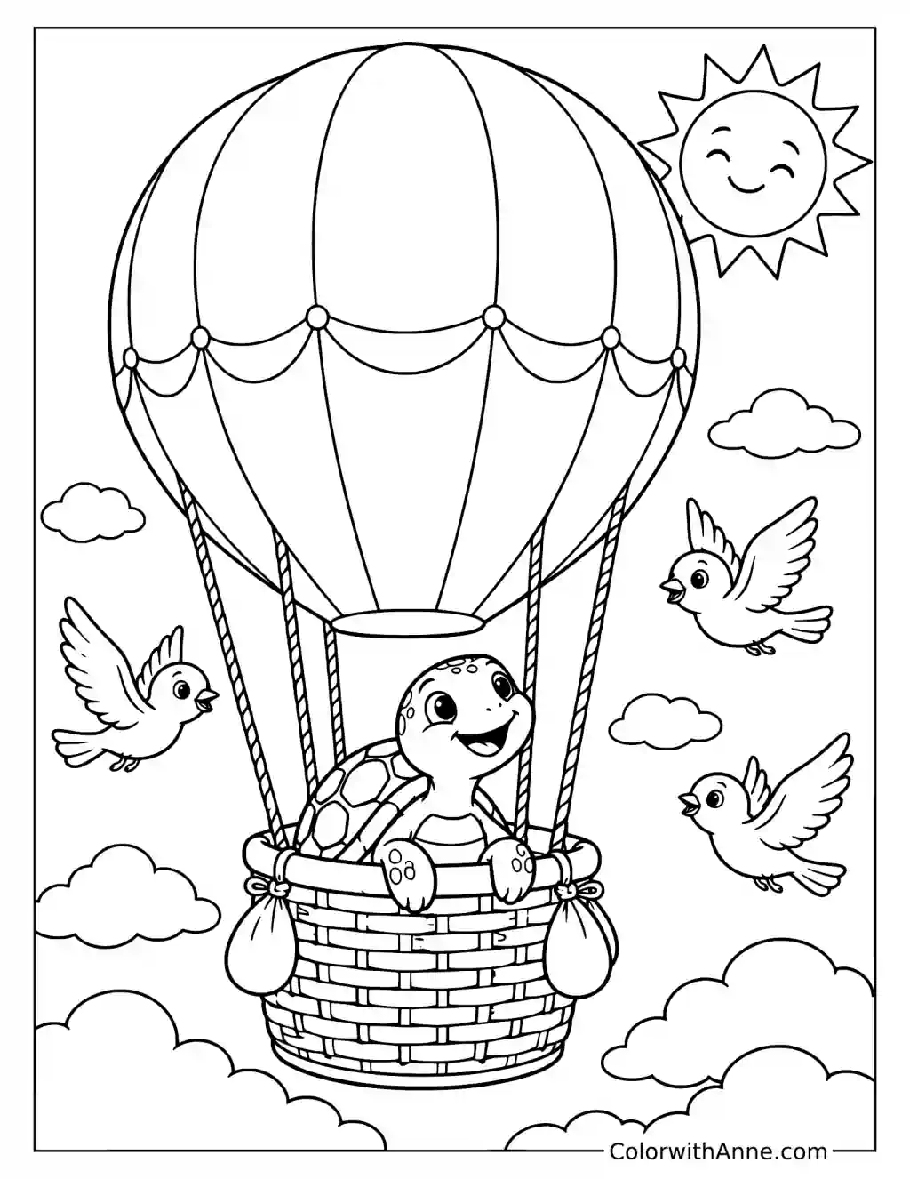 Turtle Riding in a Hot Air Balloon Coloring Page
