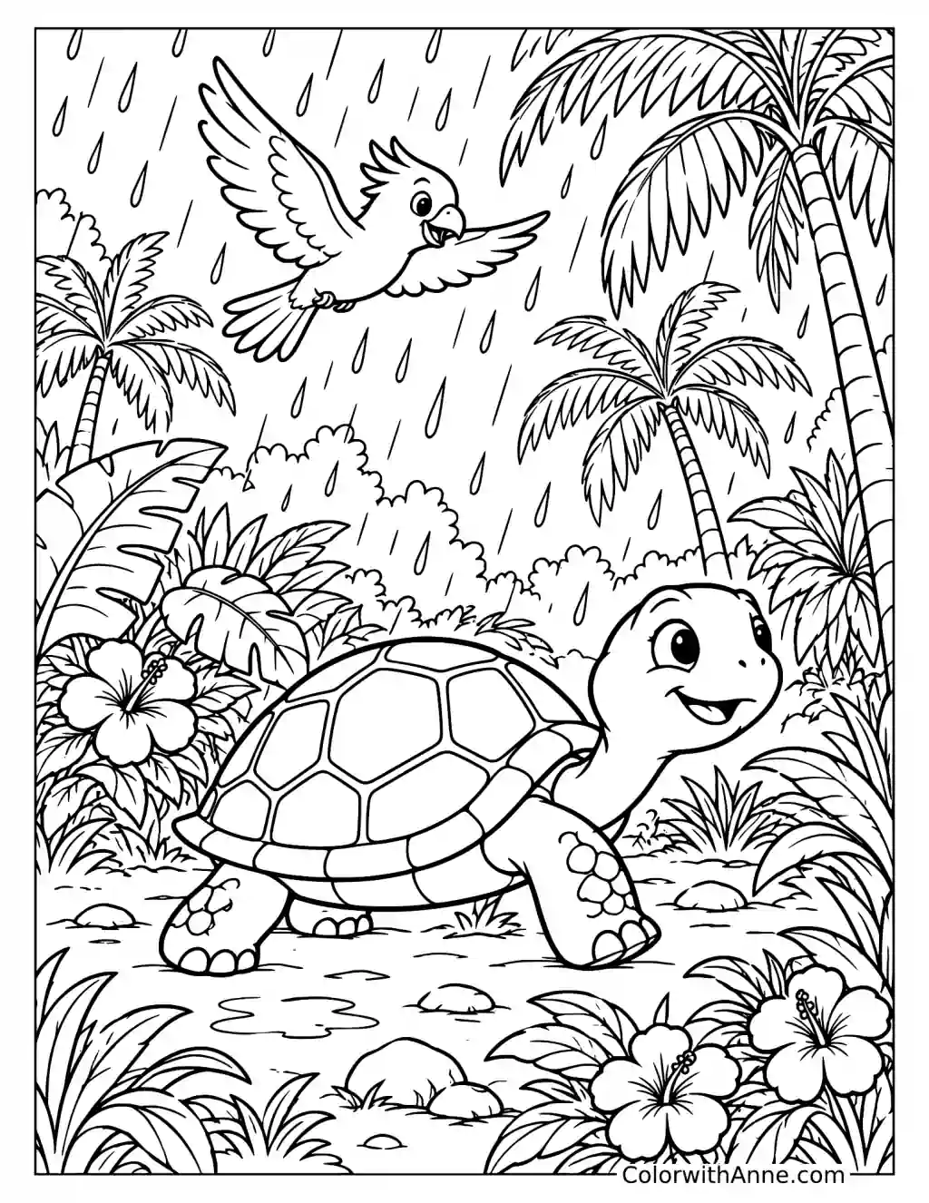 Turtle Walking Through a Rainforest Coloring Page
