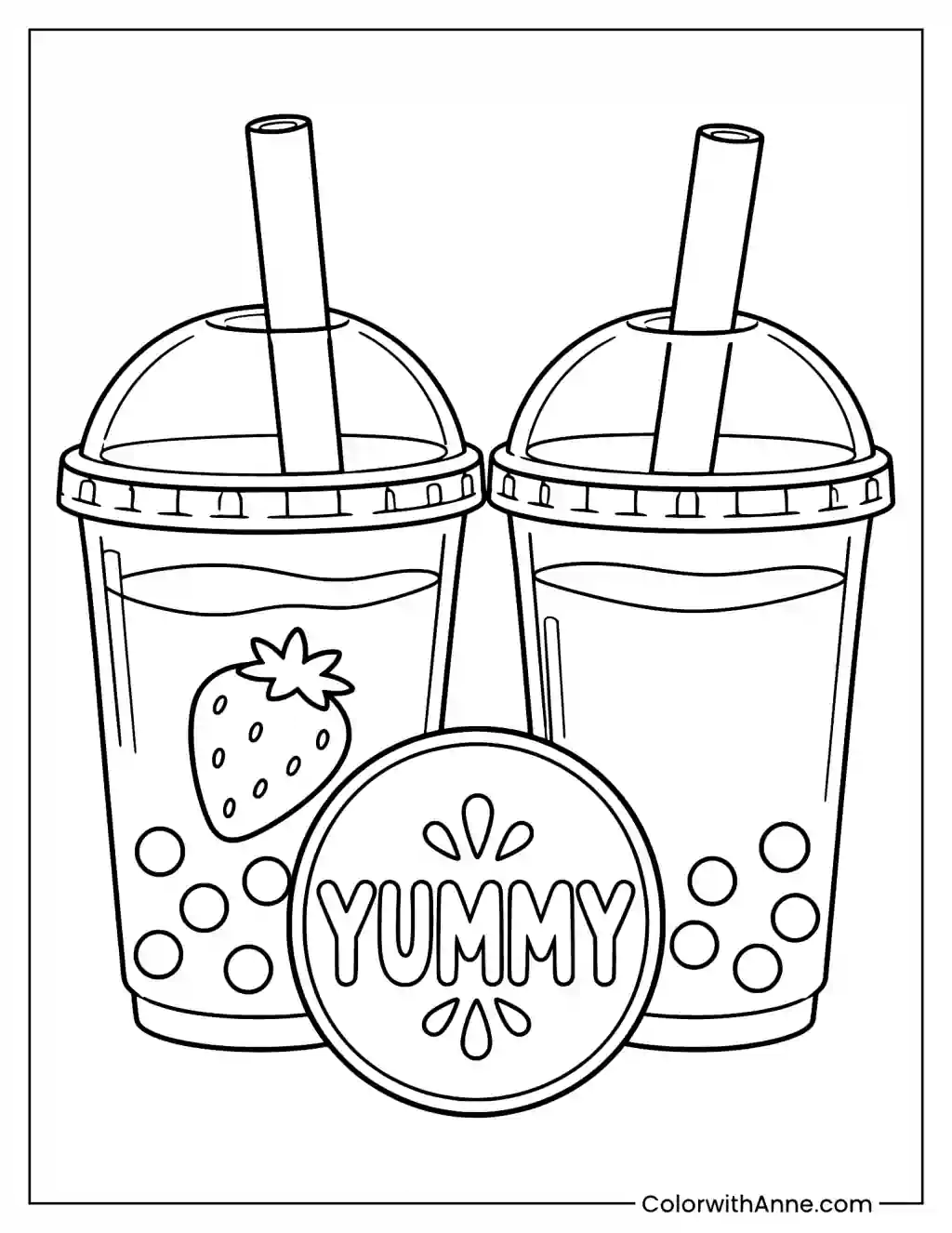 Two Boba Cups with YUMMY Sign Coloring Page