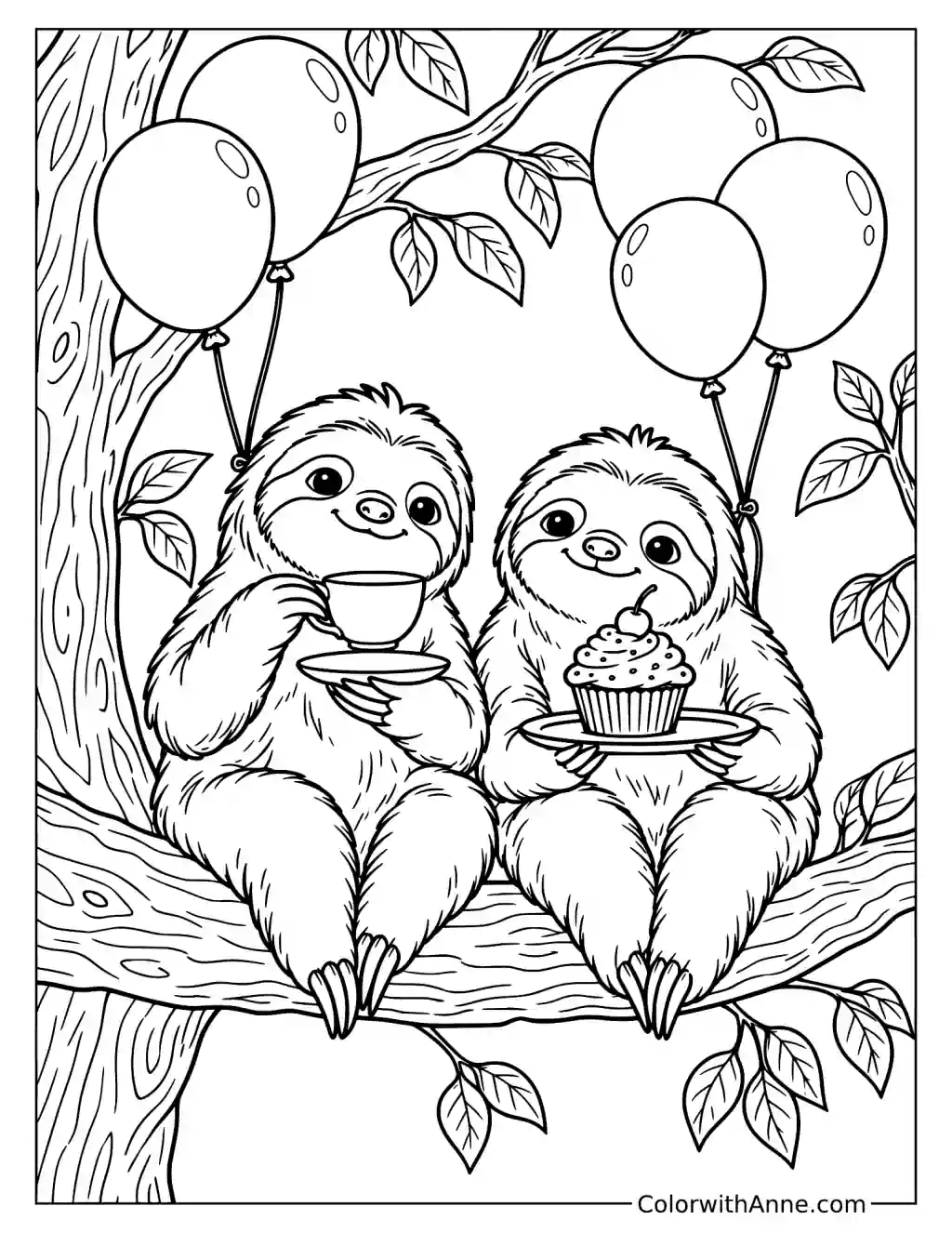 Two Sloths Having Dessert Coloring Page