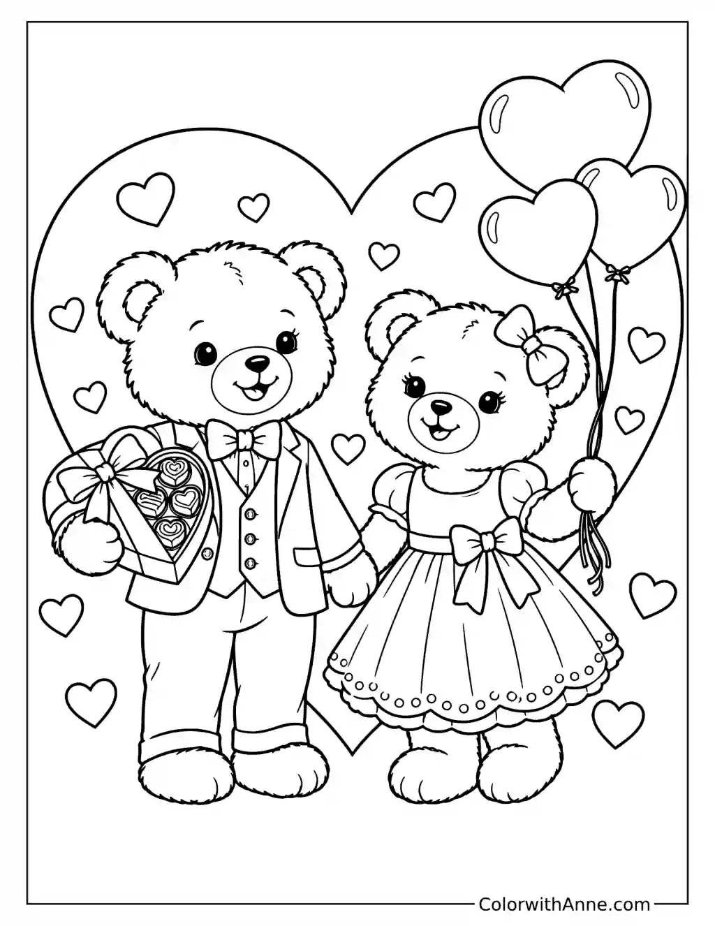 Two Teddy Bears Holding Hands in a Heart Valentine's Day Coloring Page