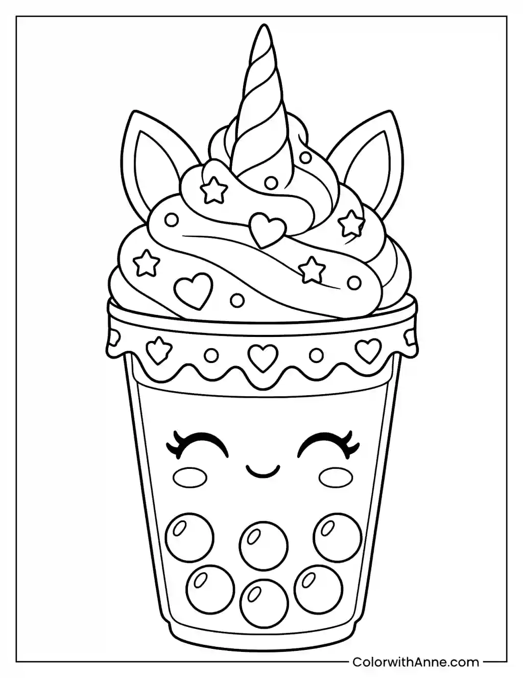 Unicorn Boba Cup with Magical Cream Topping Coloring Page
