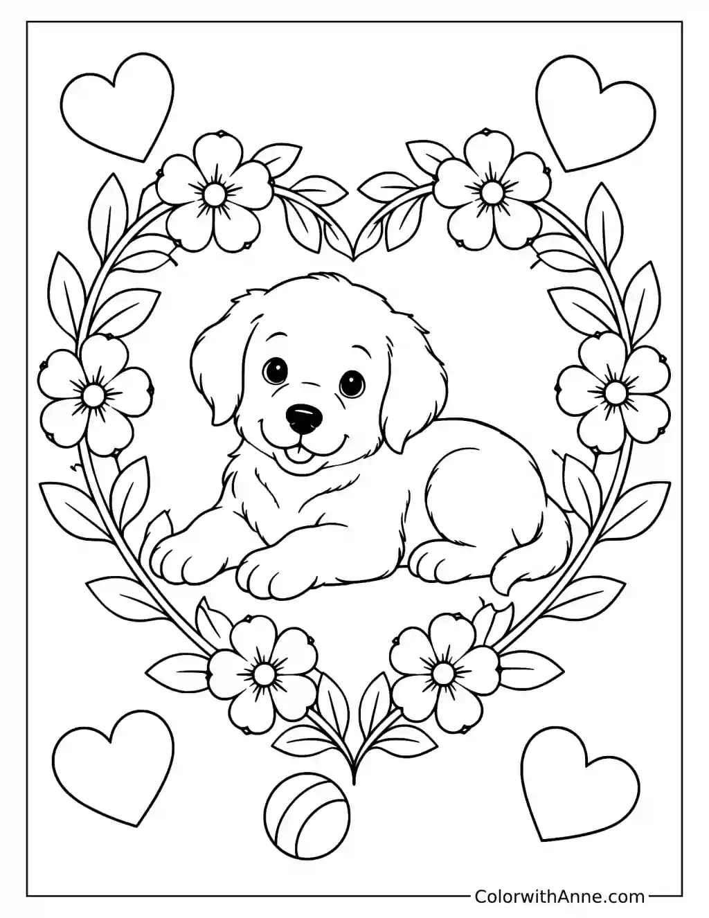 Valentine Puppy in a Heart Wreath Coloring Page