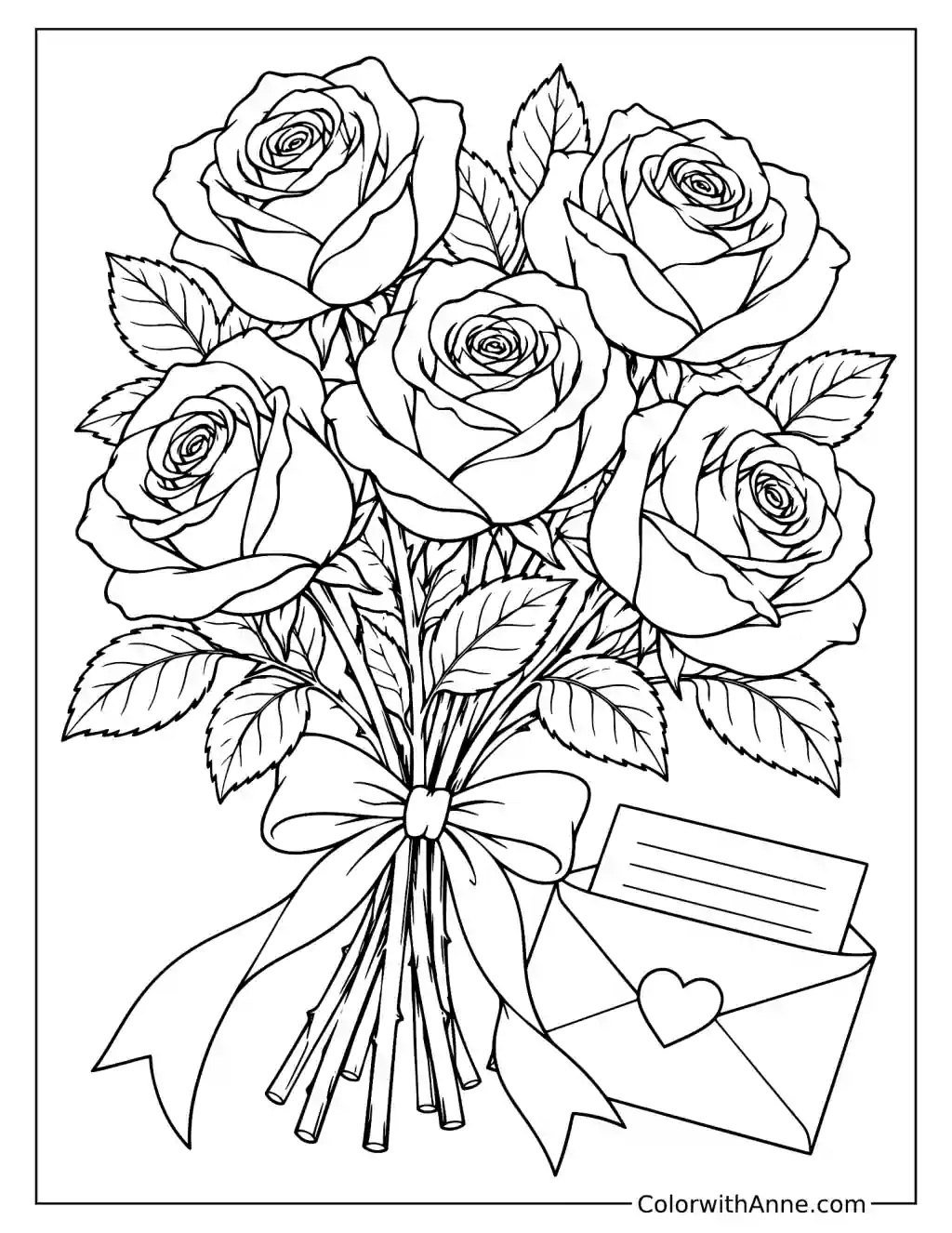 Valentine's Day Bouquet of Roses with a Love Letter Coloring Page