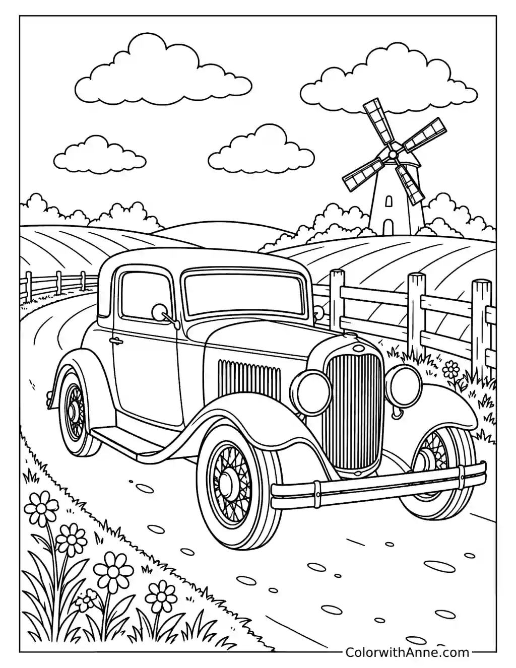 Vintage Car on a Country Road Coloring Page