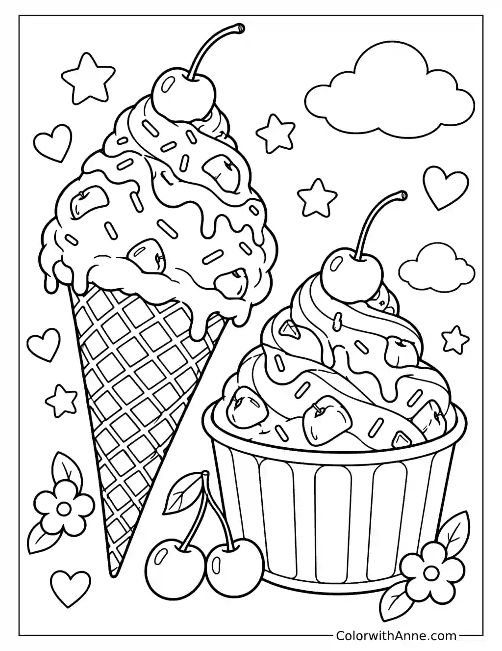 Waffle Cone and Sundae Cup with Cherry Ice Cream Coloring Page