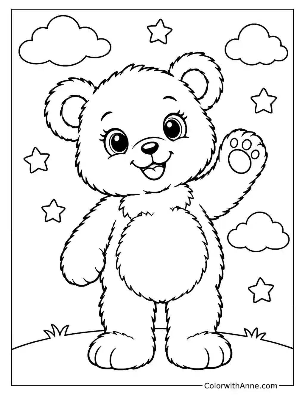 Waving Teddy Bear with Stars and Clouds Coloring Page