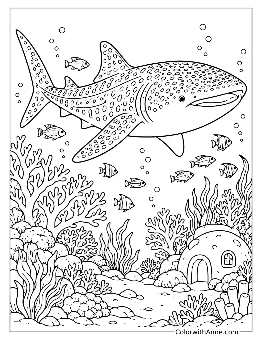 Whale Shark Swimming Above a Colorful Coral Reef Coloring Page