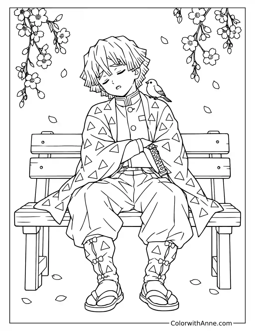 Zenitsu Sleeping on a Bench with a Little Bird Coloring Page
