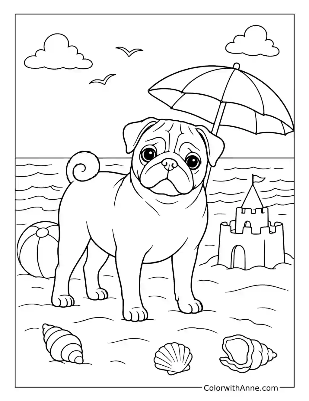 Pug at the Beach coloring page