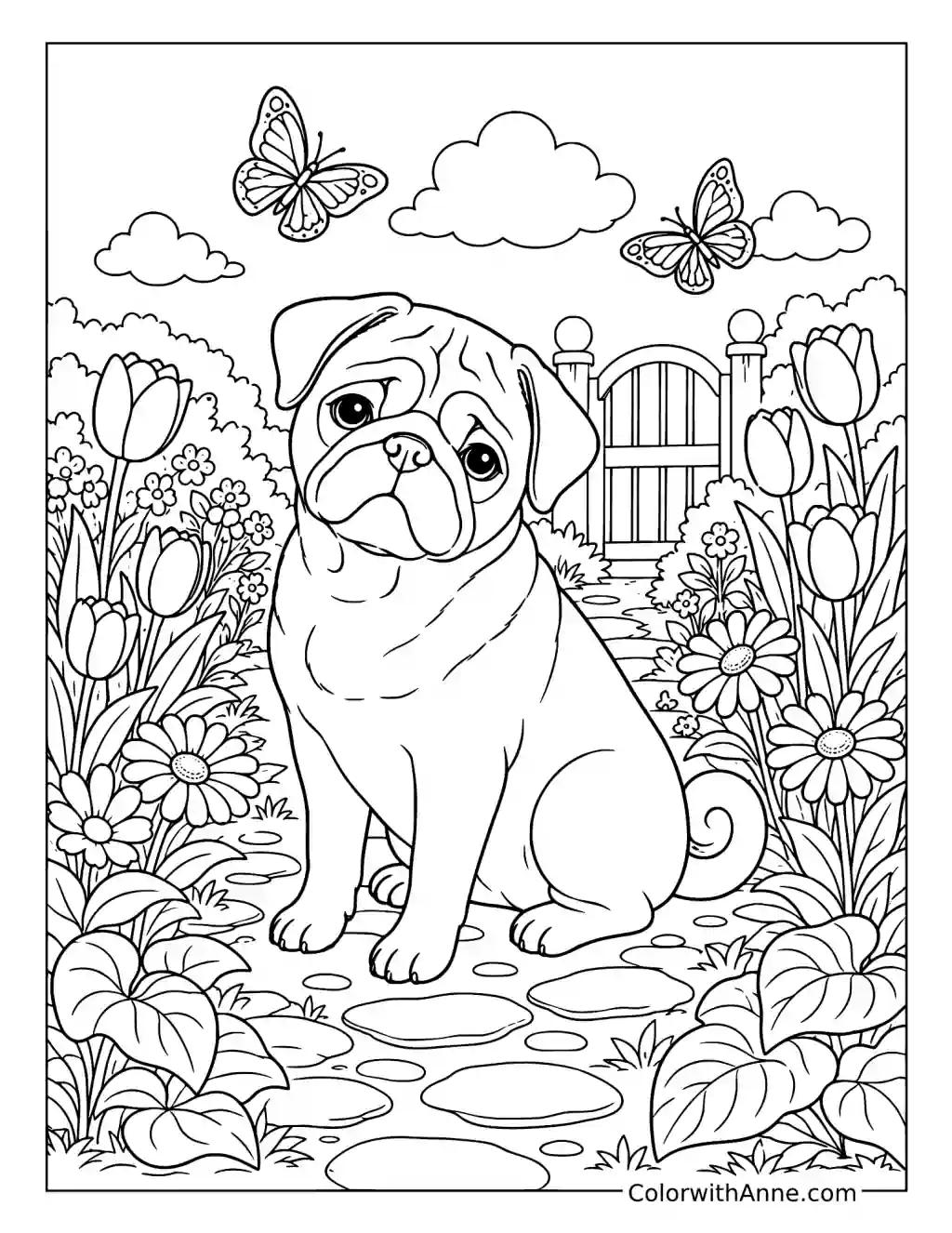 Pug in a Flower Garden coloring page