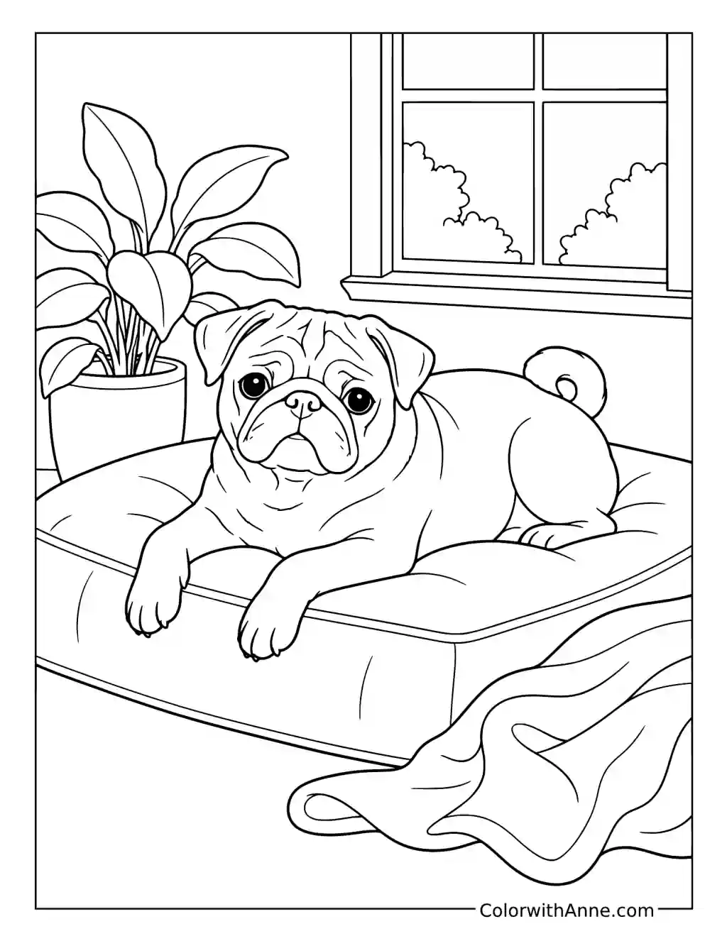 Pug Resting on a Cushion coloring page