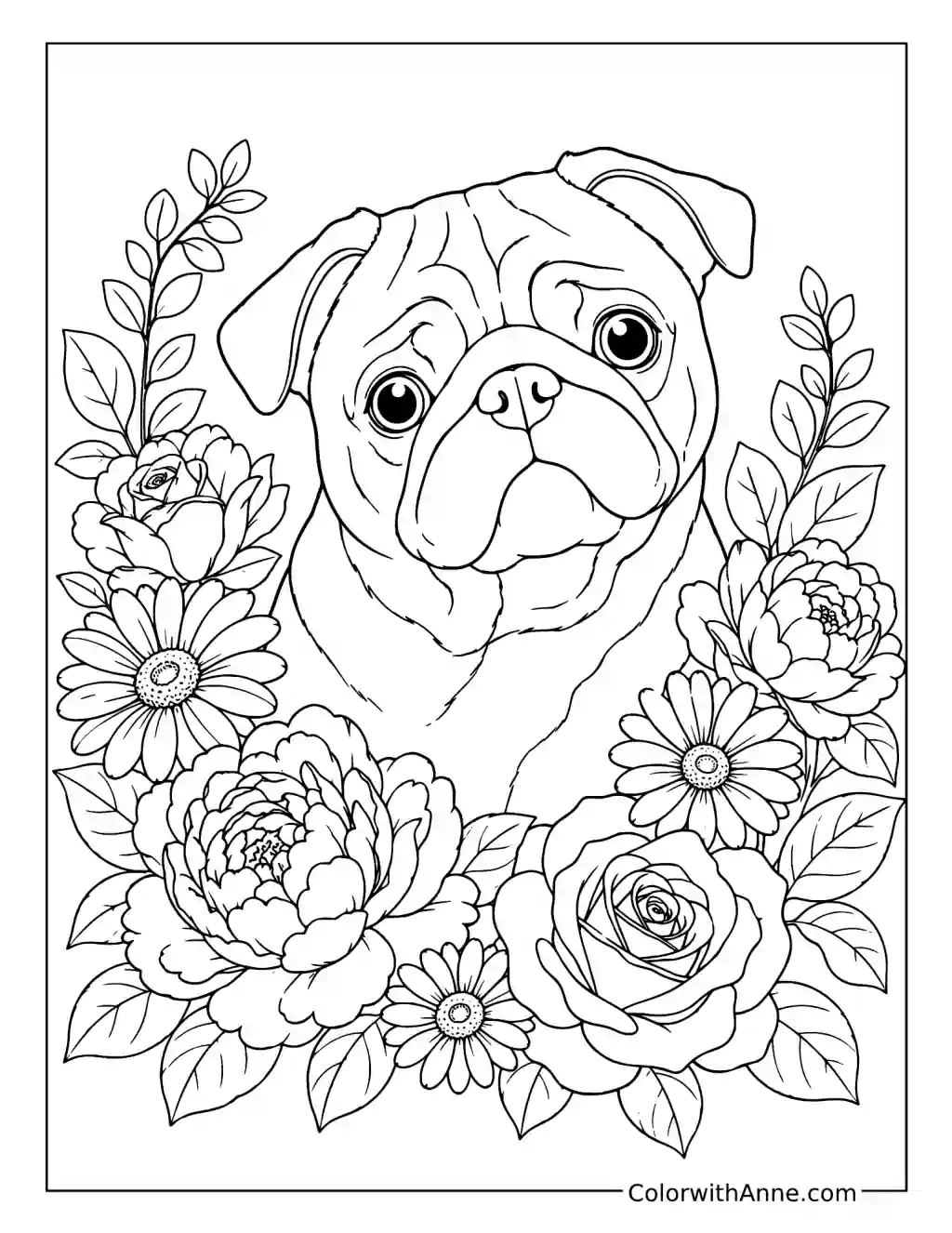 Pug Surrounded by Flowers coloring page
