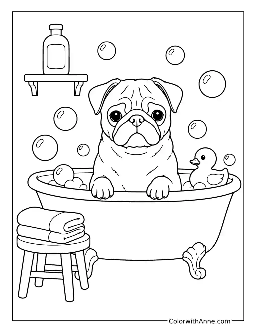 Pug Taking a Bubble Bath coloring page