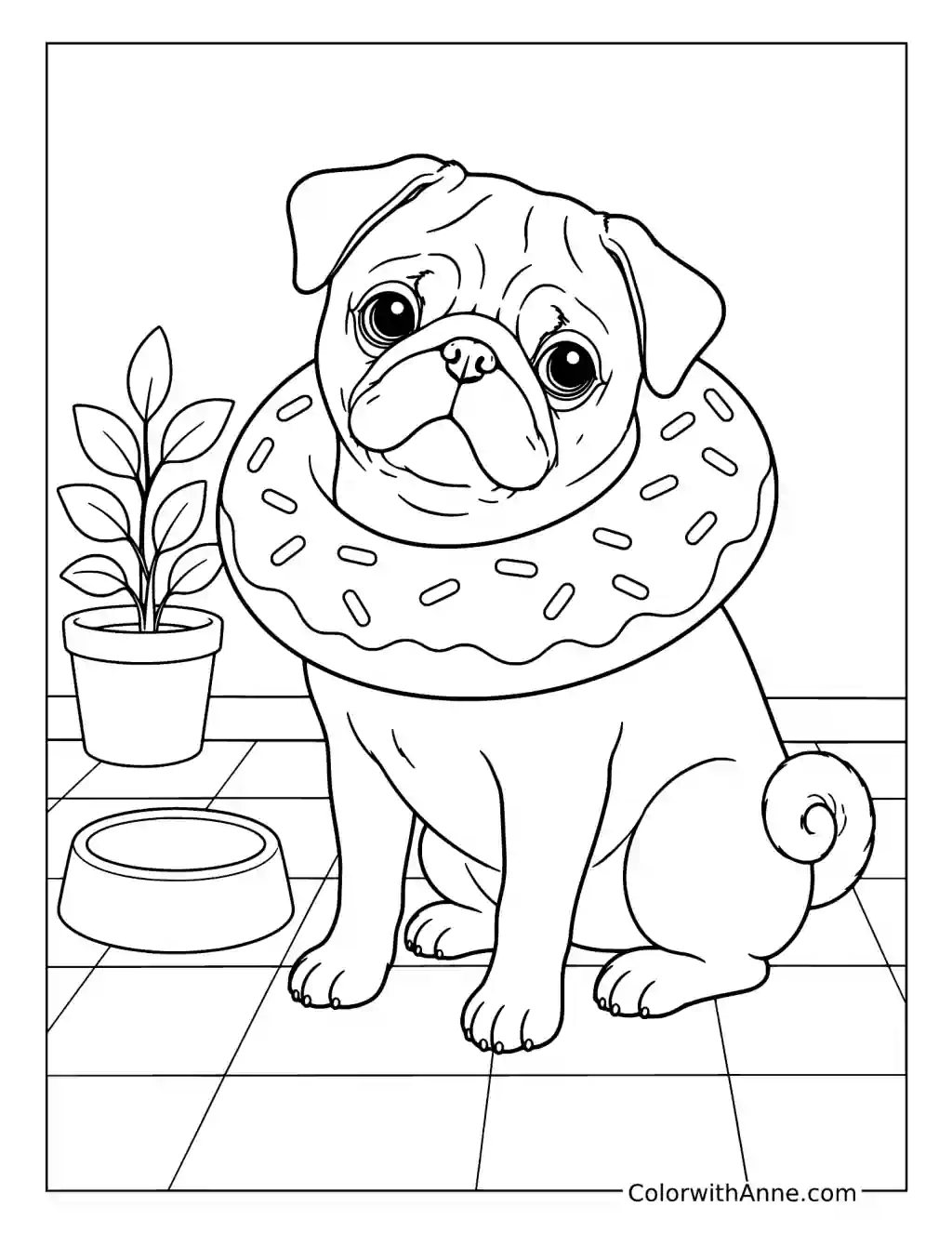 Pug with a Donut Collar coloring page