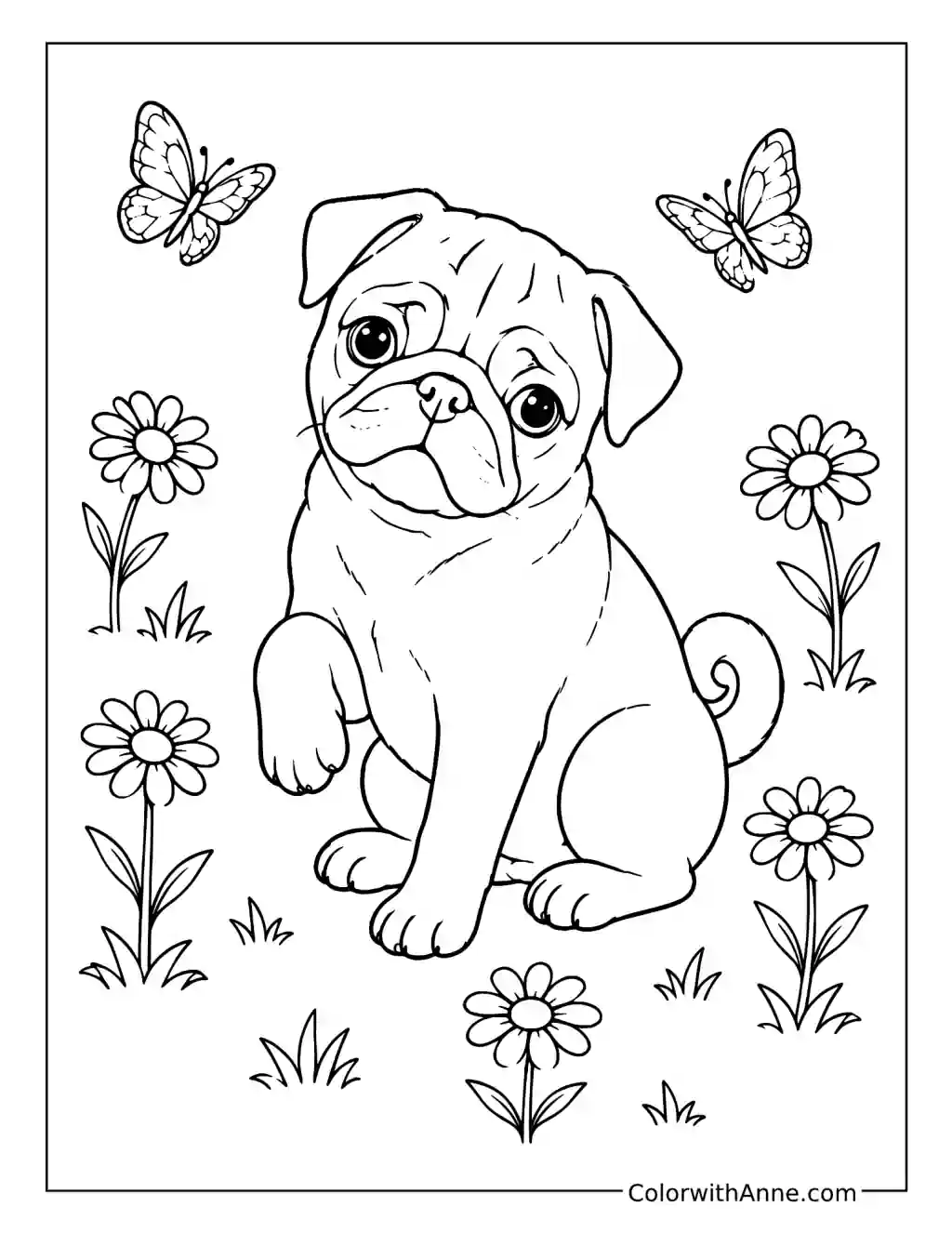 Pug with Flowers and Butterflies coloring page