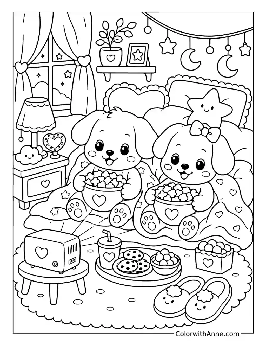 Puppies Watching a Movie in Bed coloring page