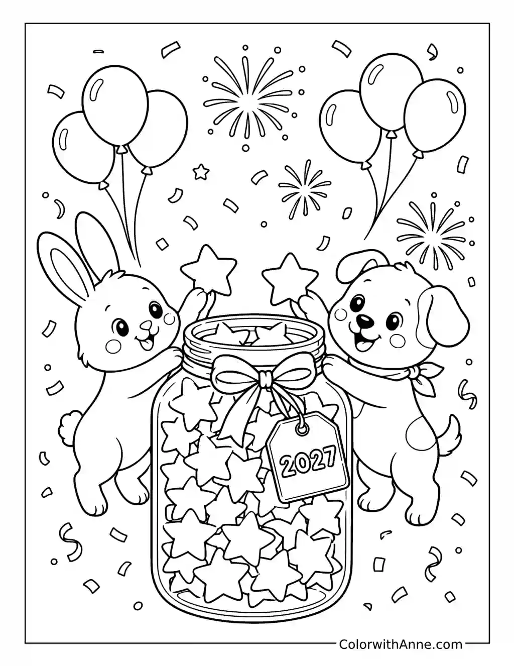 Puppy and Bunny Filling a New Year 2027 Wish Jar coloring page